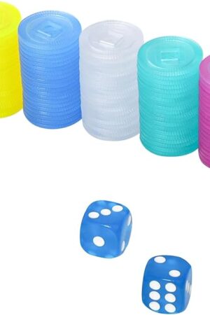 The Plastic Colored Mahjong Scoring Coins, 100pcs Chips for Mahjong Games, 5 Colors（Red, Yellow, Green, Blue, White） with 1 Indicator and 3 dice