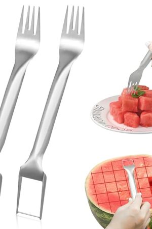 2Pcs Watermelon Fork Slicer Cutter, Stainless Steel 2-in-1 Watermelon Fork Slicer, Portable Watermelon Fork Watermelon Cutter Slicer Tool Fruit Forks Slicer for Home Party Camping Kitchen Gadget