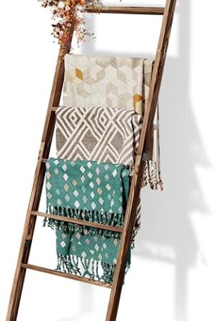 6-Tier Blanket Ladder Wooden, 5.7FT(66.5'') Blanket Quilt Towel Holder Rack Decorative Ladder, Easy Assembly, Rustic Farmhouse Ladder Shelf for The Living Room Bedroom Bathroom Home Decor, Brown