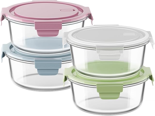 4 PCS Glass Meal Prep Containers with Lids, Airtight 3.75 Cup Food Storage Containers Set, Heat-Resistant BPA-Free Glass Containers for Soup Leftover, Microwave, Dishwasher, and Freezer Safe