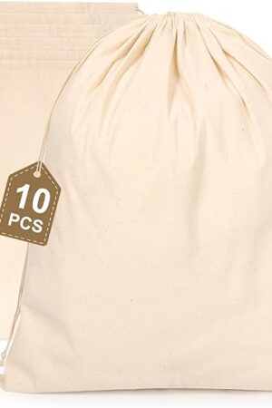 10PCS Cotton Storage Bags with Drawstrings, X-Large 14x17inch Multipurpose Canvas Fabric Bread Bags, Reusable Muslin Bulk Flour Sack Bags, Natural Potato Onion Storage Bags, Cloth Shoe Bags