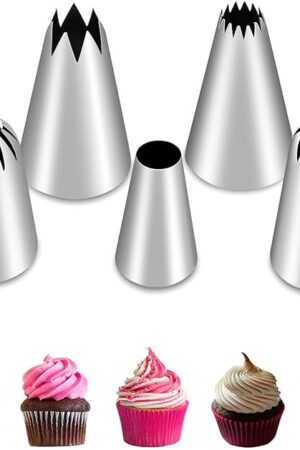 5Pcs Large Piping Tips Set, Stainless Steel Frosting Tips, Cake Decorating Tips for Cupcakes Cakes Cookies Decorating