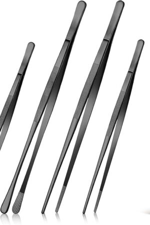 4 Pcs Fine Long Tweezer Tongs Professional Black, 12'' and 10'' Stainless Steel for Kitchen, Food, Cooking, Repairing, Sea food and BBQ