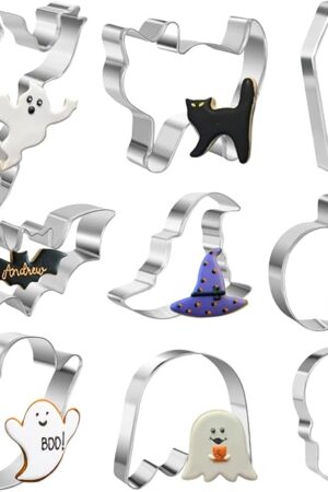 9 Pieces Halloween Cookie Cutters Set for Baking - Ghost,Bat,Cat,Pumpkin,Skull,Coffin and Witch's Hat Shapes Biscuit/Pastry Cutter
