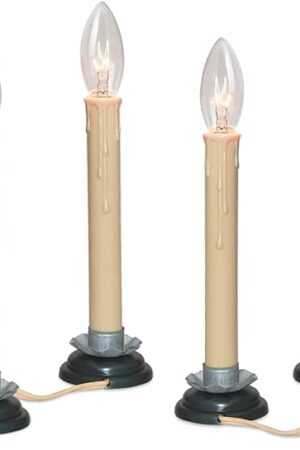 7 Inch Electric Window Candle Lamp with Black Plum Iron Base, Electric Country Candle Lamp with 7W C26 Clear Bulb, Plug in Electric Candle Ready to Turn On/Off, Ivory/Cream- Set of 4
