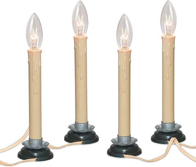 7 Inch Electric Window Candle Lamp with Black Plum Iron Base, Electric Country Candle Lamp with 7W C26 Clear Bulb, Plug in Electric Candle Ready to Turn On/Off, Ivory/Cream- Set of 4
