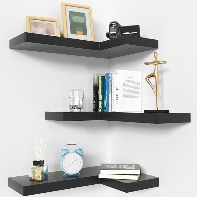 NATURE'S SOURCE Gothic Style Corner Floating Shelves Wall Mounted Set of 3, Black Corner Shelves 17" x 6"