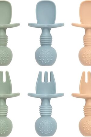 Baby Spoons and Forks Feeding Set, 6 Pack Silicone First Stage Self Feeding Toddler Utensils, BPA Free, Baby Led Weaning Supplies for Training Spoons