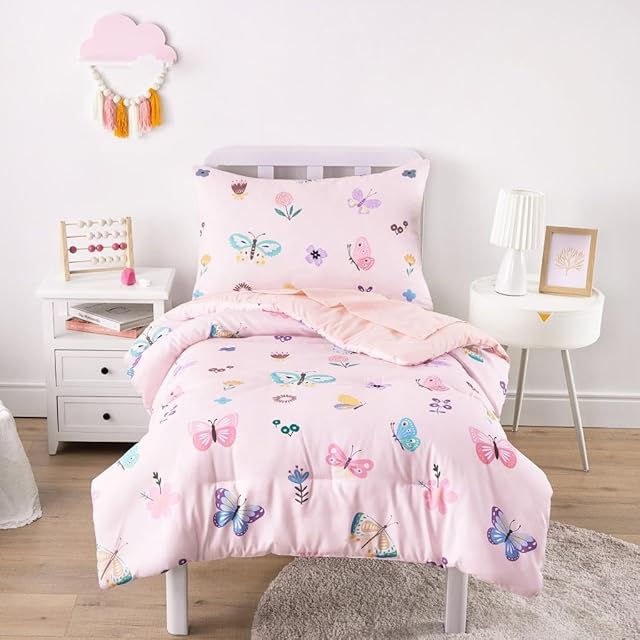 Wake In Cloud Butterfly Toddler Bedding Set 4 Pieces Crib Bed Set Pink