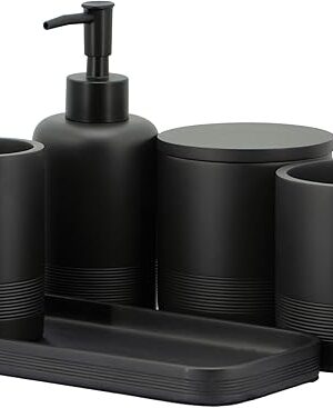 ZCCZ Black Matte Bathroom Accessories Set 6 Pieces - Toothbrush Holder, Lotion Dispenser, Qtip Container, Vanity Tray, Tumbler - Countertop Organizer for Bathrooms - Elegant and Functional Décor Set