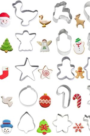Crethinkaty Mini Christmas Cookie Cutters Set 20 Pieces Stainless Steel Cookie Cutter Set for Baking -Christmas Tree,Snowman,Reindeer,Santa Face, Star,Stocking,Candy Cane,Gingerbread Man and More
