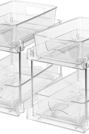 2 Pack Clear Bathroom Organizers and Storage, 2 Tier Pull Out Under Sink Cabinet Organizer Plastic Drawer Organization and Storage for Bathroom and Kitchen