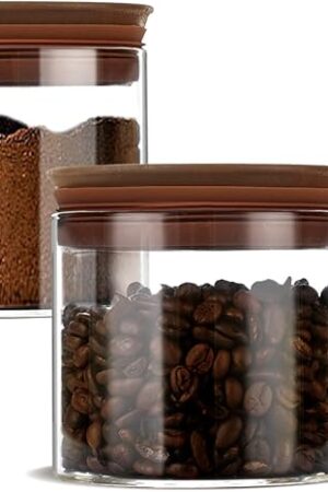 500ml Glass Coffee Canister with Wooden Lids and Scoop, Kitchen Coffee Container Set of 2 Hold Up to Total 12 oz of Coffee Bean, Airtight Food Storge Jars for Ground Coffee Bar Cereal Snack