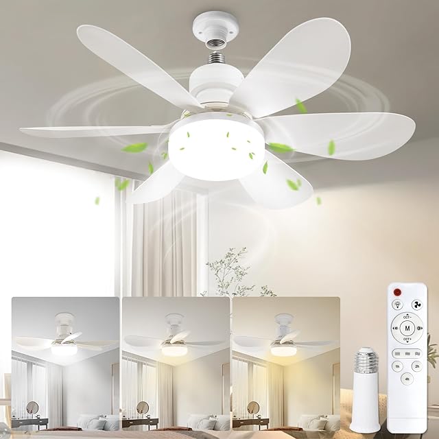 Breeze Socket Fan Light with Remote,Portable Small Ceiling Fans with Lights Bulb for Bedroom,Kitchen,Living Room,20"Screw in Ceiling Fan in Light Socket for E26 Base 40W/3000K-6000K Dimmable