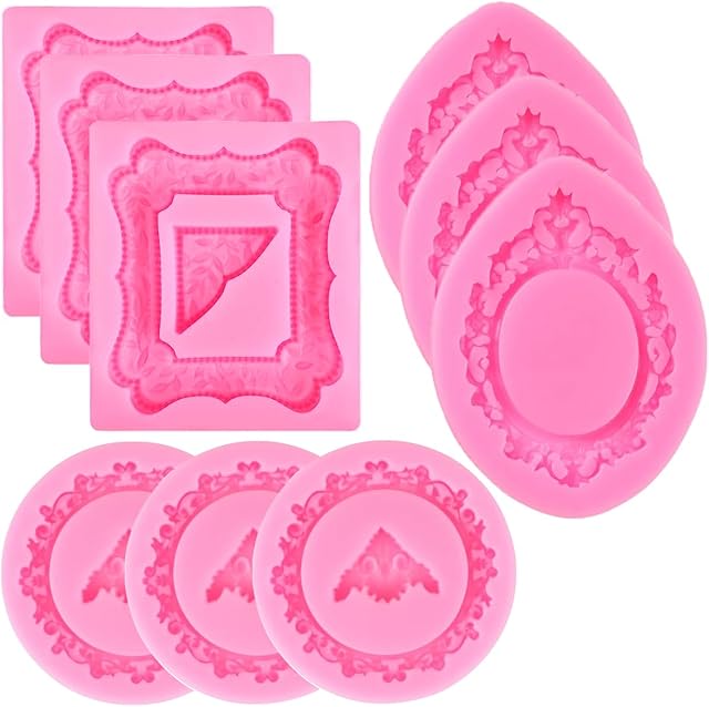 9 PCS Picture Frames Fondant Silicone Molds, TuNan Vintage Style Photo Frame Moulds for Cake Decorating Cupcake Topper Chocolate Candy Polymer Clay
