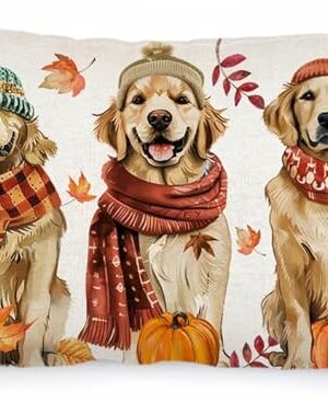 AACORS Fall Pillow Cover 12x20 Inch Dogs Pumpkins Maple Leaves Decor Autumn Seasonal Pillowcase Thanksgiving Decorations for Home Sofa Couch AA586-12