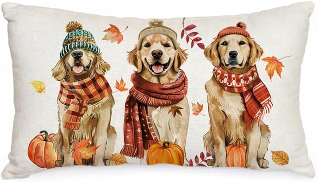 AACORS Fall Pillow Cover 12x20 Inch Dogs Pumpkins Maple Leaves Decor Autumn Seasonal Pillowcase Thanksgiving Decorations for Home Sofa Couch AA586-12