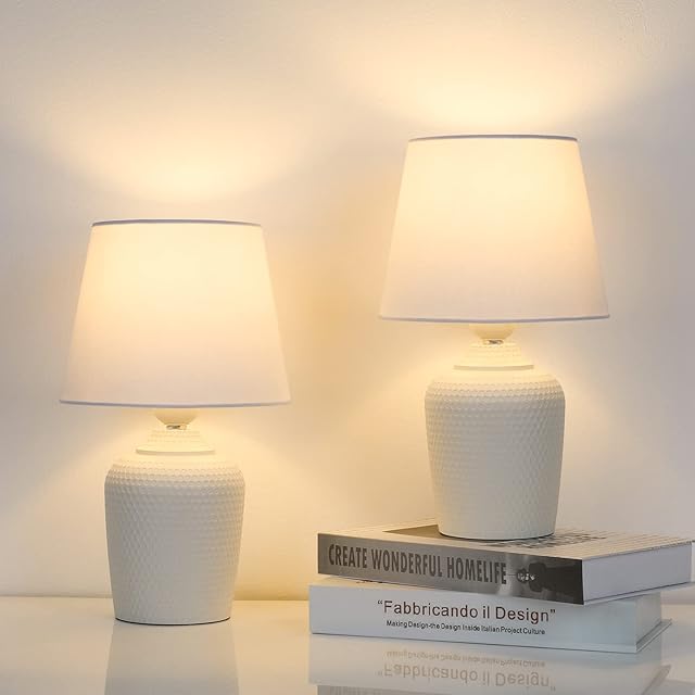 Small 12'' Table Lamps Set of 2, Bedside Nightstand Lamps for Bedroom Kid’s Room, Cute Desk Lamps with Studded Texture Base for Reading Nursery Living Room Office, White