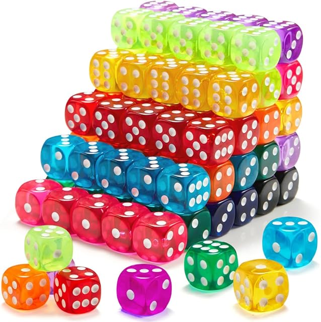 The 100 Pieces Colored Dice Set, Standard Bulk Colors Dices, Classroom Dice, Translucent 6 Sided Games Dice for Board Games, Parties, Classroom Math Games