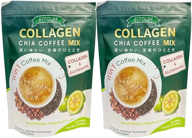 2 Packs FIT GUM Collagen Chia Coffee - 11 in 1 Coffee Mix (10 Sachets per Pack)