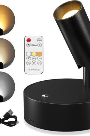 Wireless Led Spotlight Indoor, Rechargeable Uplighting Indoor with Remote Dimmable, 350° Rotate, Battery Powered Ceiling Spotlight for Artwork Painting Tree Plant Picture Lights
