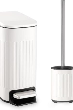 Bathroom Trash Can with Toilet Brush - 1.6 Gallon Slim Stainless Steel Garbage Can, Small Wastebasket for Bathroom, Office, Bedroom, Silicone Toilet Brush Included, White