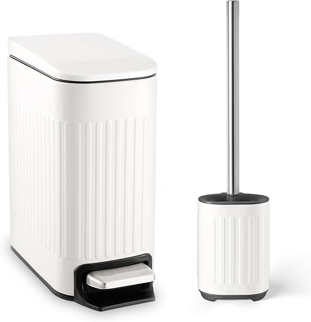 Bathroom Trash Can with Toilet Brush - 1.6 Gallon Slim Stainless Steel Garbage Can, Small Wastebasket for Bathroom, Office, Bedroom, Silicone Toilet Brush Included, White