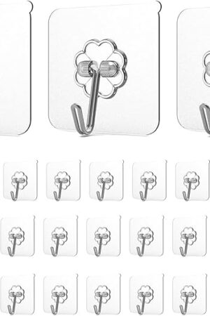 Adove Adhesive Hooks for Hanging, Heavy Duty Wall Hooks 20 Pack, Removable Sticky Ceiling Hooks, Transparent Self Adhesive Shower Hooks, Water & Oil Proof Strong 22lb(Max) Door Coat Hooks