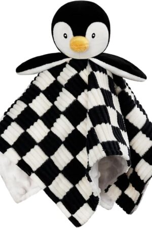 Baby Lovey Blanket for Boys Girls Super Soft Checkerboard Gingham with Minky Dot Fabric Backing Penguin Stuffed Animal Lovely Snuggle Toy Black 14 Inch
