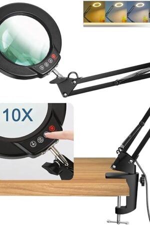 10X Magnifying Glass with Light and Clamp, Real Glass Stand Lighted Magnifier, 5 Color Modes Stepless Dimmable LED Desk Lamp Hands Free for Crafts Hobby Reading Painting Sewing Close Work