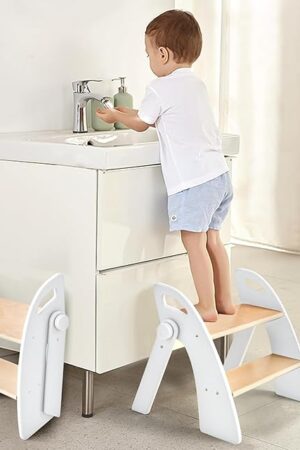 Wooden 2 Step Stool for Kids Bathroom Sink Foldable Anti-Slip 2-Step for Toilet Potty Training, Child Stepping Stool for Kitchen Nursery Bedroom, Sturdy Non Slip Adult Stool for Closet