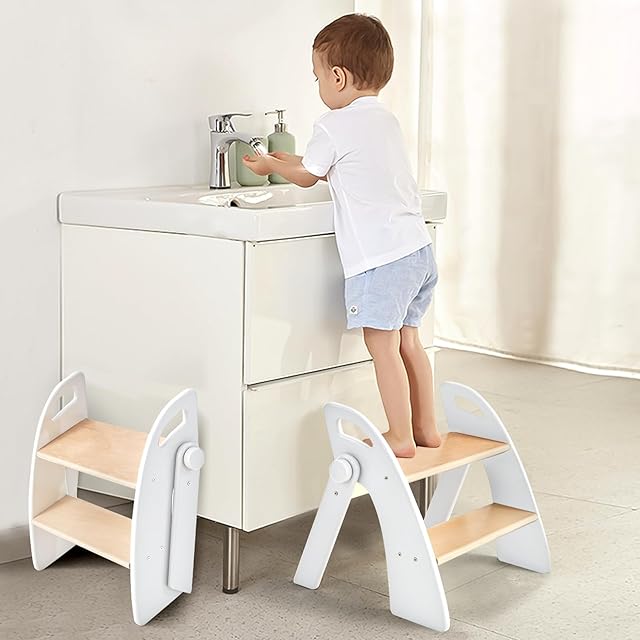 Wooden 2 Step Stool for Kids Bathroom Sink Foldable Anti-Slip 2-Step for Toilet Potty Training, Child Stepping Stool for Kitchen Nursery Bedroom, Sturdy Non Slip Adult Stool for Closet