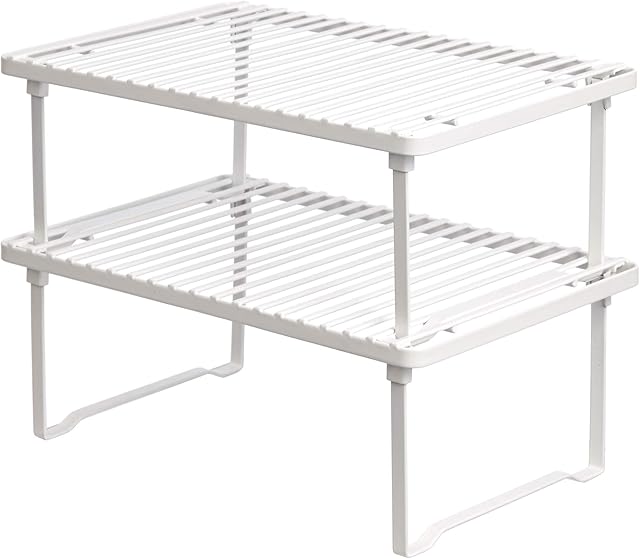 Amazon Basics Stackable Metal Kitchen Storage Shelves for Dishes, 12.5" L x 8" D x 4.5" H, Set of 2, White