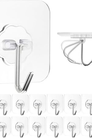 ZESLMG Adhesive Wall Hooks for Hanging, 16 Pack Heavy Duty Self Sticky Hooks 22lb(Max) Stainless, Waterproof Oilproof Utility Hooks for Towel Coat Keys Bathroom Shower Kitchen Wardrobe Outdoor, Clear