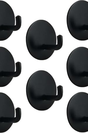 Black Adhesive Hooks for Wall No Damage Heavy-Duty 15lb(Max) 8 Packs, Sticky Hangers for Hanging, Stainless Steel, Removable, Waterproof, Oilproof and Rustproof for Bathroom Kitchen Home
