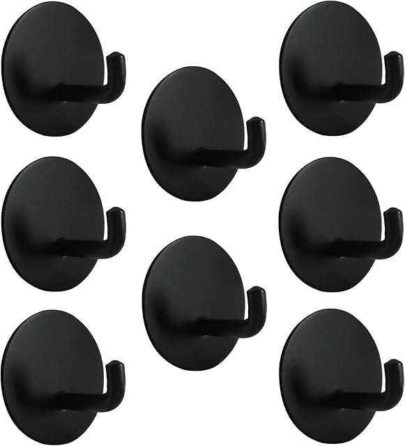 Black Adhesive Hooks for Wall No Damage Heavy-Duty 15lb(Max) 8 Packs, Sticky Hangers for Hanging, Stainless Steel, Removable, Waterproof, Oilproof and Rustproof for Bathroom Kitchen Home