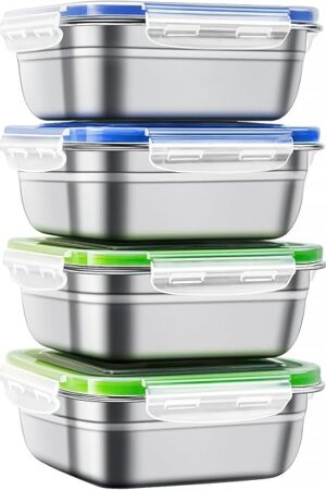 304 stainless steel Sandwich Containers - BPA Free Sandwich Containers for Lunch Boxes, 100% Airtight & Dishwasher Safe Kitchen Food Storage Containers with Lids 4 PCS