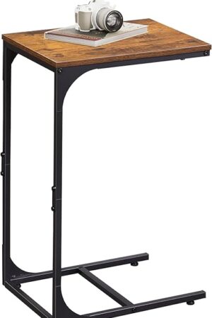WLIVE C Shaped End Table, Small Couch Side Tables with Metal Frame That Slide Under, Sofa Table TV Tray for Living Room, Bedroom, Rustic Brown