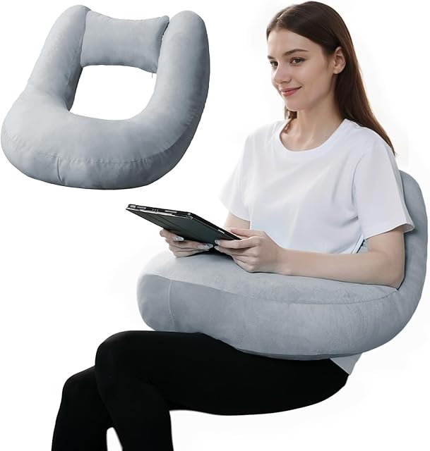 Crochet Pillow for Lap Support - Reading Pillow for Laptop with Extra Back Pillow for Support, Enlarged Gaming Pillow for Lap, Multi-Purpose Reading Pillow for Gaming/Working/Crocheting, Grey