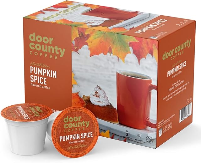 Door County Coffee Pumpkin Spice Fall Flavored Ground | 10 Count Single Serve Cups | Medium Roast | 100% Specialty Arabica | Flavored Gourmet | Cinnamon & Nutmeg