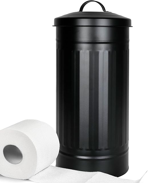 Autumn Alley Black Toilet Paper Holder Canister with Lid – Rustproof Free-Standing Farmhouse Metal Covered Toilet Paper Holder for Mega Rolls, Rustic Enclosed Toilet Paper Storage Stand