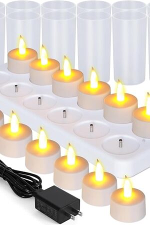 Esup Rechargeable Candles Flameless Flickering Candles Tealights 12pcs/Set with White Base, Decoration Parties, Weddings, Bar, Family, Dinner Outdoor Picnic