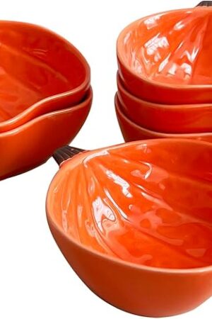 Ceramic Pumpkin Ramekins Set, Small Bowls for Baking Souffle, Pudding, Serving Snack, Dessert, 6Oz (6PCS)