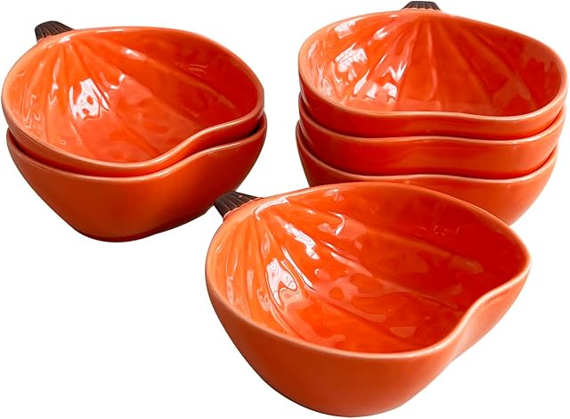 Ceramic Pumpkin Ramekins Set, Small Bowls for Baking Souffle, Pudding, Serving Snack, Dessert, 6Oz (6PCS)