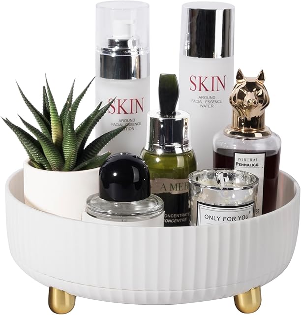 Anyoifax Makeup Perfume Organizer Tray 360 Degree Rotating Lazy Susan Skincare Lotion Organizer Spinning Cosmetics Storage for Dresser, Vanity, Bathroom Countertop, Small Ivory White
