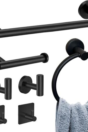 7 Pcs Matte Black Bathroom Hardware Set, Includes Bathroom Wall Mount 16 inch Hand Towel Bar, Towel Ring, Toilet Paper Holder, 4 Towel Hooks, Durable 304 Stainless Steel Bathroom Towel Rack Set