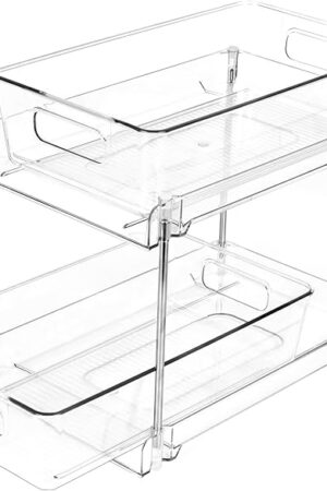 1 Pack 2-Tier Bathroom Organizers and Storage, Clear Under Sink Organizer Vanity Countertop Storage Pantry Organizers, Pull-Out Cabinet Organizer With Track For Bathroom, Kitchen, Pantry