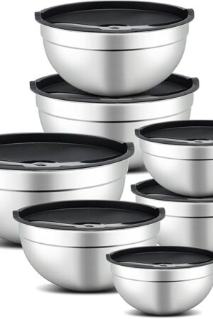 7 Piece Mixing Bowl Set, Mixing Bowls with Lid, Stainless Steel Mixing Bowls for Baking, Size 0.7, 1.1, 1.5, 2.1, 3.5, 4, 4.5QT, Baking Bowl for Food Preparation, Mixing and Serving Foods
