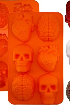 2 Pack Brain Heart Skull Cake Mold, 3D Human Organ Brain Jello Mold Halloween Silicone Molds Heart Skull Brain Chocolate Mold for Halloween Baking Mini Cakes Soap Candle Muffin Pudding Dessert