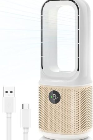 Desk Fan, Small Quiet Bladeless Fan with 9 Speed Adjustment & 3 Light Modes, 14 Inch USB Rechargeable with 5000mAh Battery, 60° Oscillating Cooling Fans for Office, Living Room, Bedroom White